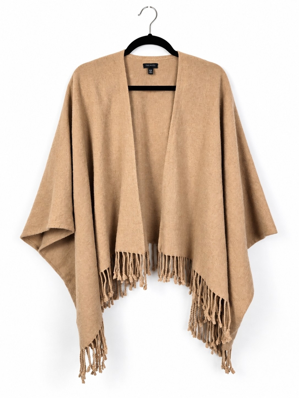 Talbots Camel Wool Blend Fringe Ruana Poncho Cape One Size Quiet Luxury Minimal